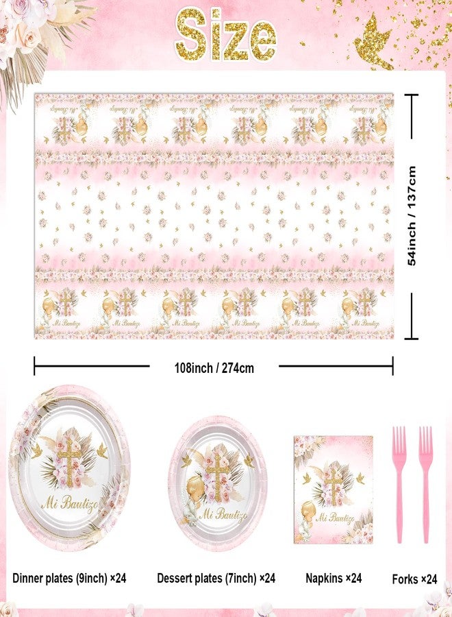 Lecheme Mi Bautizo Decorations for Girls 97 Pcs Pink Baptism Plates and Napkins Tablecloth Serve 24 Mi Primera First Communion Decorations God Bless Christening Party Supplies - Image 2